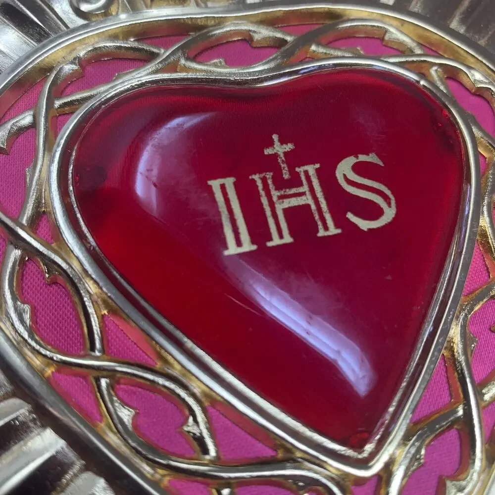 Vintage My Jesus Mercy IHS Sacred Heart Catholic Plaque Ex Voto Original Box 6.5